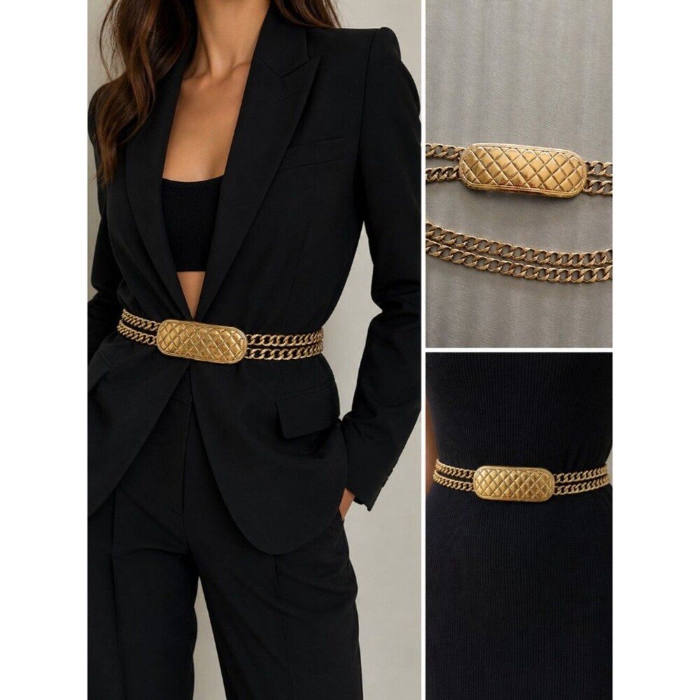 Vintage Accessocraft NYC Quilted Gold Tone Chunky Double Chain Belt S